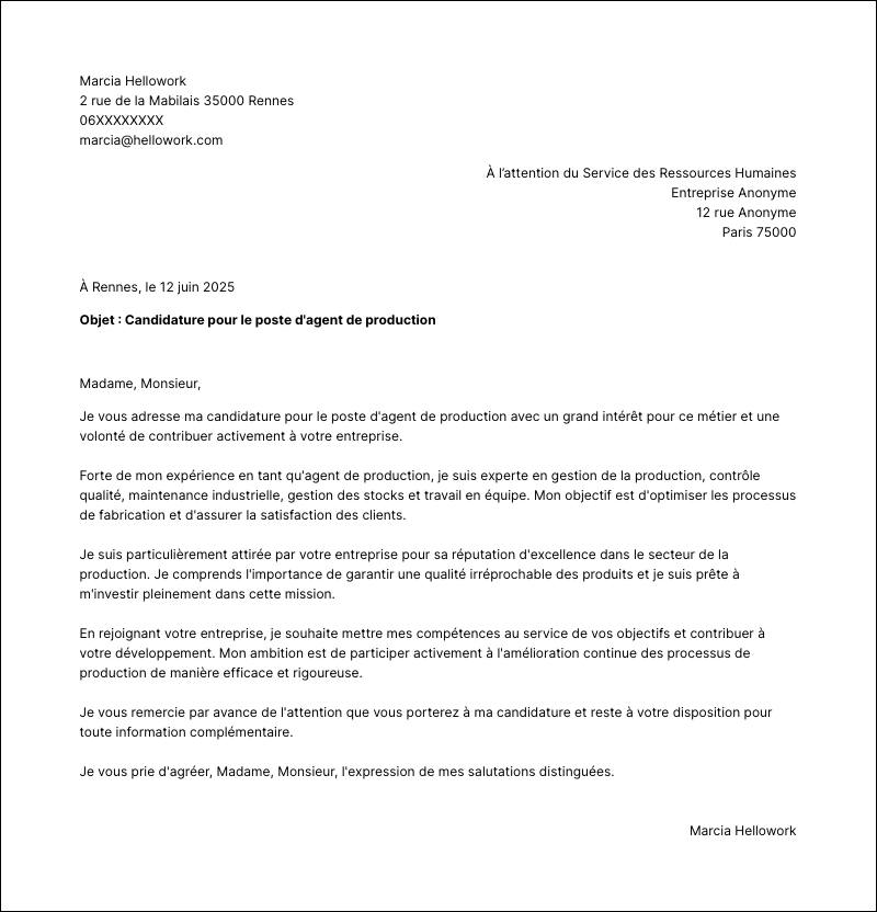 Modèle lettre de motivation Agent de production Exemple lettre de motivation Agent de production