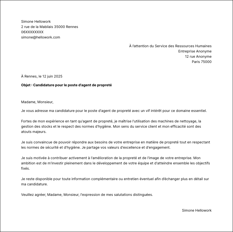 Modèle lettre de motivation Agent de propreté Exemple lettre de motivation Agent de propreté