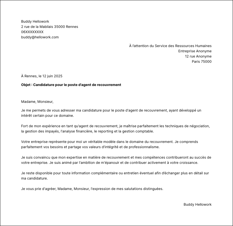 Modèle lettre de motivation Agent de recouvrement Exemple lettre de motivation Agent de recouvrement