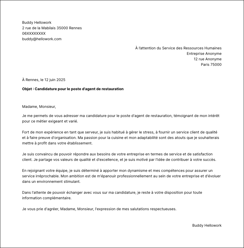 Modèle lettre de motivation Agent de restauration Exemple lettre de motivation Agent de restauration
