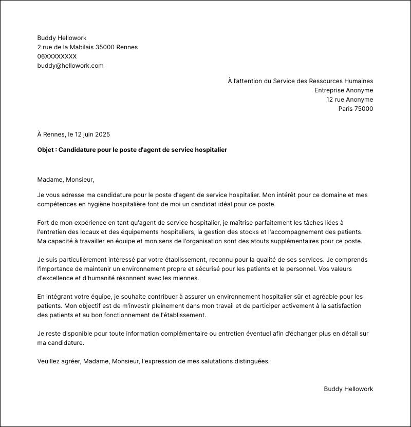 Modèle lettre de motivation Agent de service hospitalier Exemple lettre de motivation Agent de service hospitalier