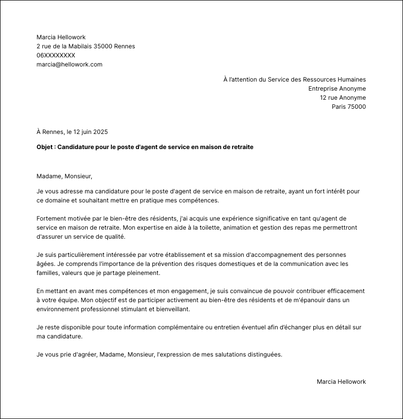 Modèle lettre de motivation Agent de service maison de retraite Exemple lettre de motivation Agent de service maison de retraite