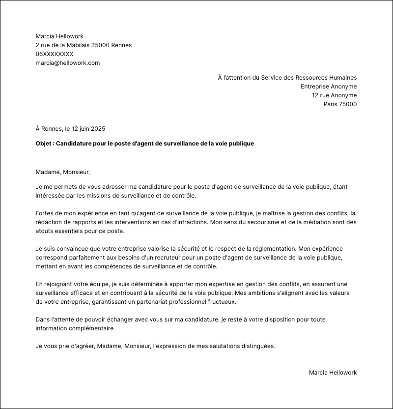 Modèle lettre de motivation Agent de surveillance de la voie publique Exemple lettre de motivation Agent de surveillance de la voie publique