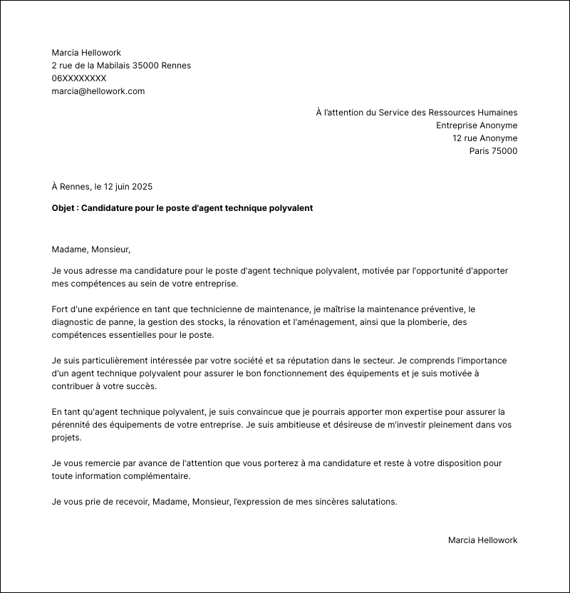 Modèle lettre de motivation Agent technique polyvalent Exemple lettre de motivation Agent technique polyvalent