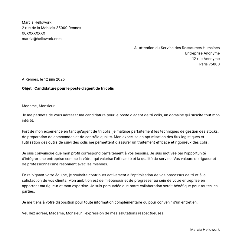 Modèle lettre de motivation Agent de tri colis Exemple lettre de motivation Agent de tri colis