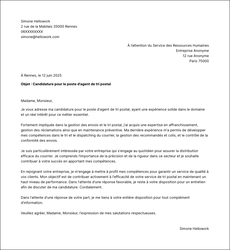 Modèle lettre de motivation Agent de tri postal Exemple lettre de motivation Agent de tri postal