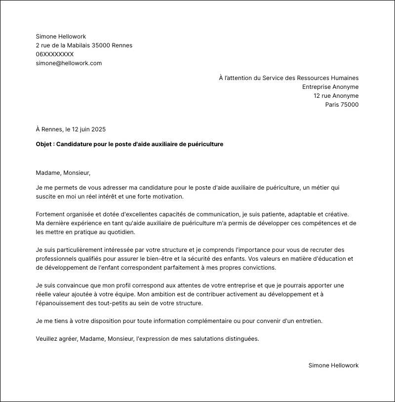 Exemple lettre de motivation Aide auxiliaire de puériculture