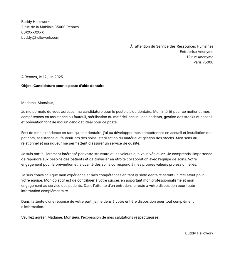 Exemple lettre de motivation Aide dentaire