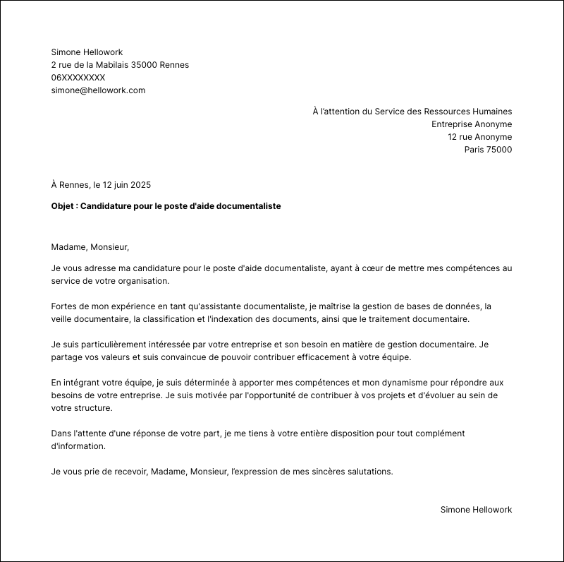 Modèle lettre de motivation Aide documentaliste Exemple lettre de motivation Aide documentaliste