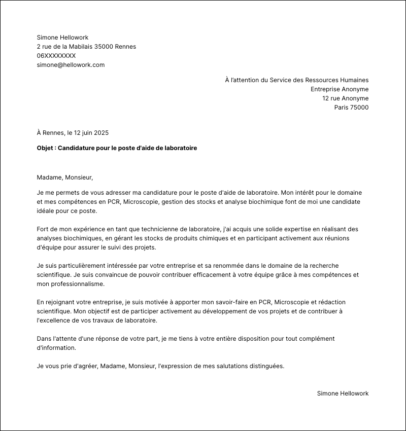 Exemple lettre de motivation Aide de laboratoire