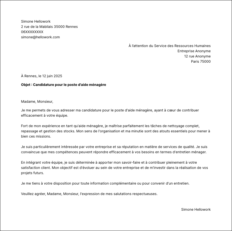 Modèle lettre de motivation Aide ménagère Exemple lettre de motivation Aide ménagère
