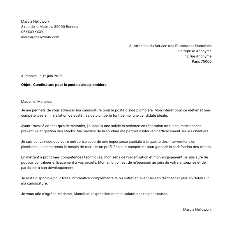Exemple lettre de motivation Aide plombier
