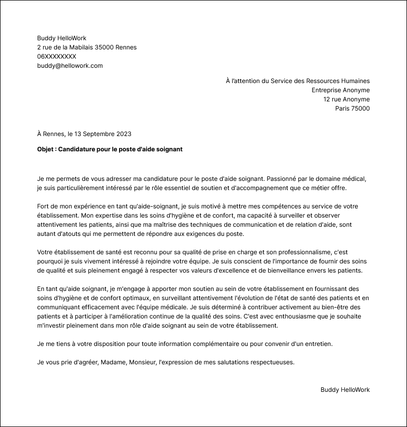 Modèle lettre de motivation Aide-soignant Exemple lettre de motivation Aide-soignant