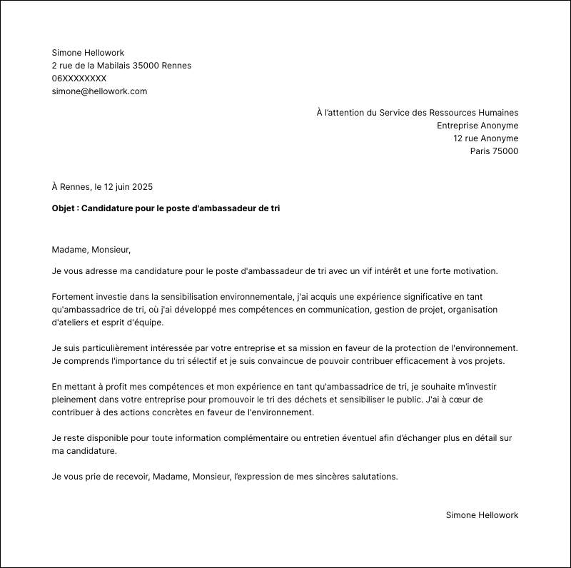 Modèle lettre de motivation Ambassadeur de tri Exemple lettre de motivation Ambassadeur de tri