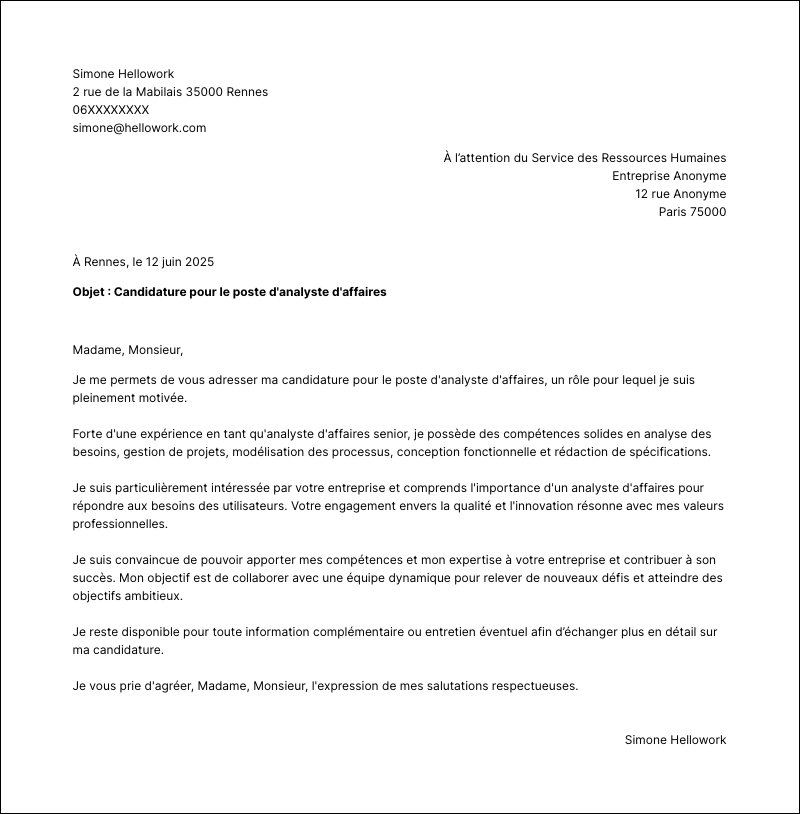 Modèle lettre de motivation Analyste d'affaires Exemple lettre de motivation Analyste d'affaires