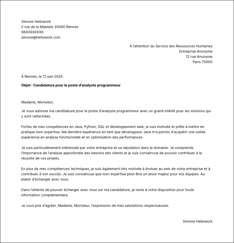 Exemple lettre de motivation Analyste programmeur