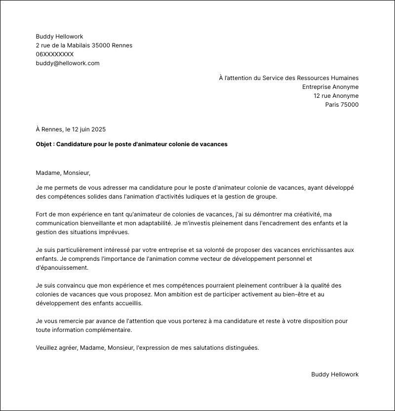 Modèle lettre de motivation Animateur colonie de vacances Exemple lettre de motivation Animateur colonie de vacances