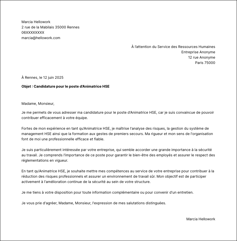 Modèle lettre de motivation Animateur HSE Exemple lettre de motivation Animateur HSE
