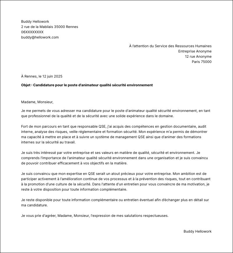 Modèle lettre de motivation Animateur qualité sécurité environnement Exemple lettre de motivation Animateur qualité sécurité environnement