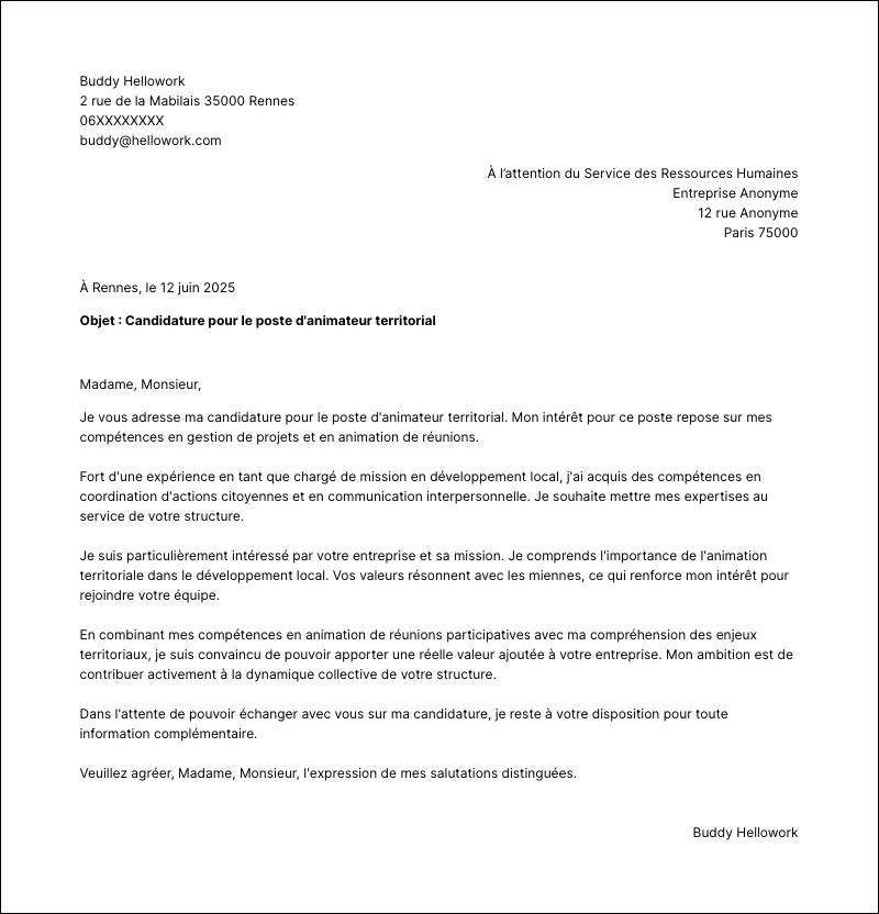 Exemple lettre de motivation Animateur territorial