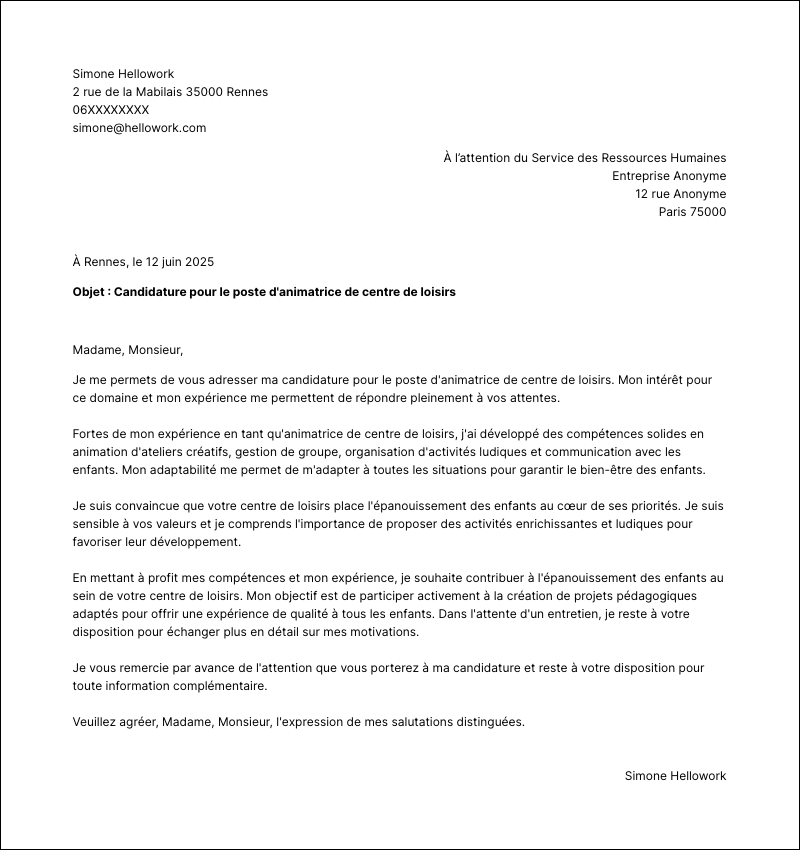 Exemple lettre de motivation Animatrice de centre de loisirs