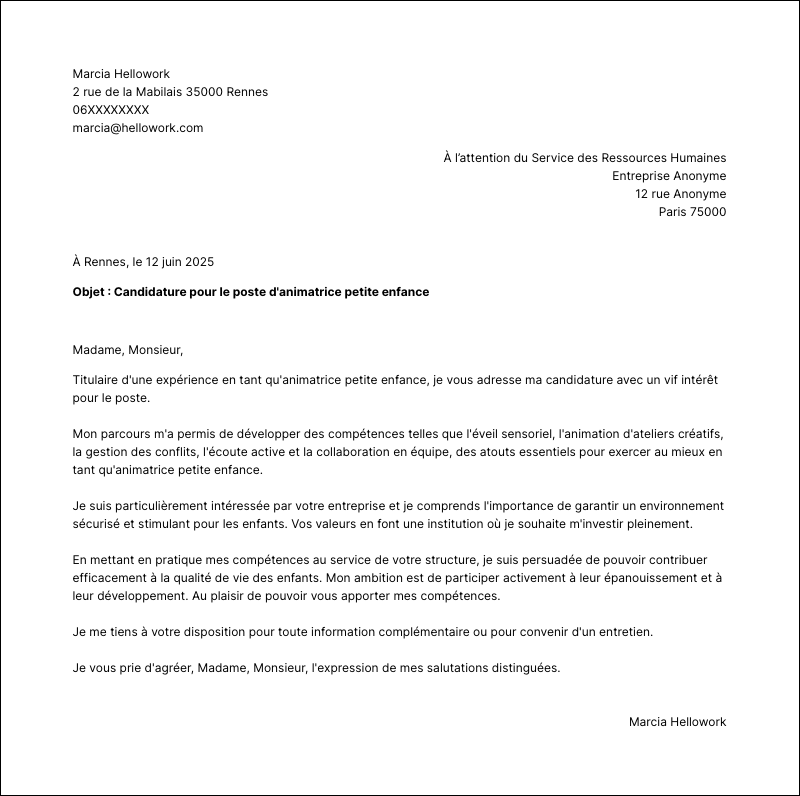 Exemple lettre de motivation Animatrice petite enfance