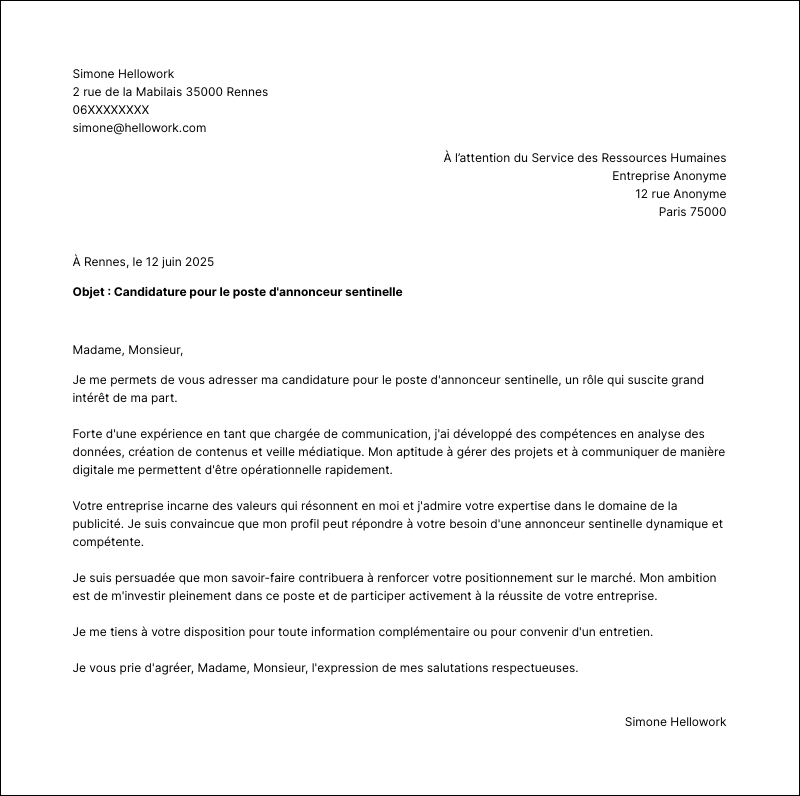 Modèle lettre de motivation Annonceur sentinelle Exemple lettre de motivation Annonceur sentinelle