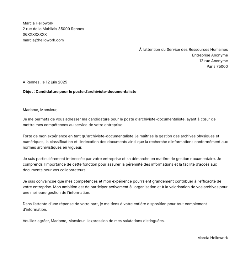 Modèle lettre de motivation Archiviste-documentaliste Exemple lettre de motivation Archiviste-documentaliste