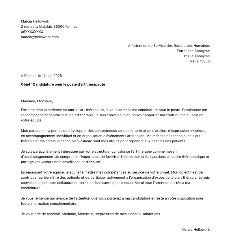 Exemple lettre de motivation Art thérapeute