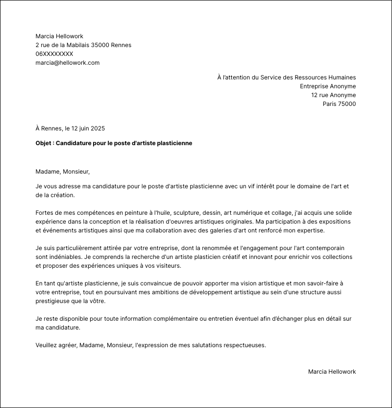 Modèle lettre de motivation Artiste plasticien Exemple lettre de motivation Artiste plasticien
