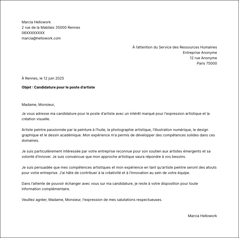 Modèle lettre de motivation Artiste Exemple lettre de motivation Artiste