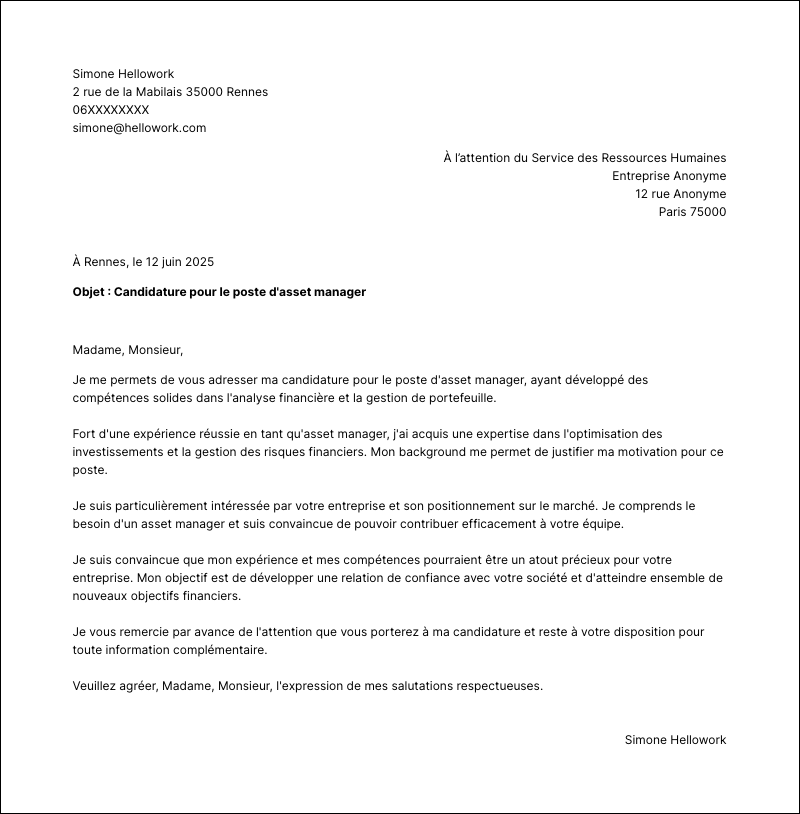 Exemple lettre de motivation Asset manager