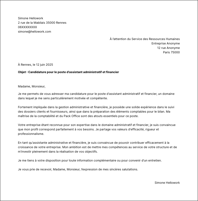 Exemple lettre de motivation Assistant administratif et financier