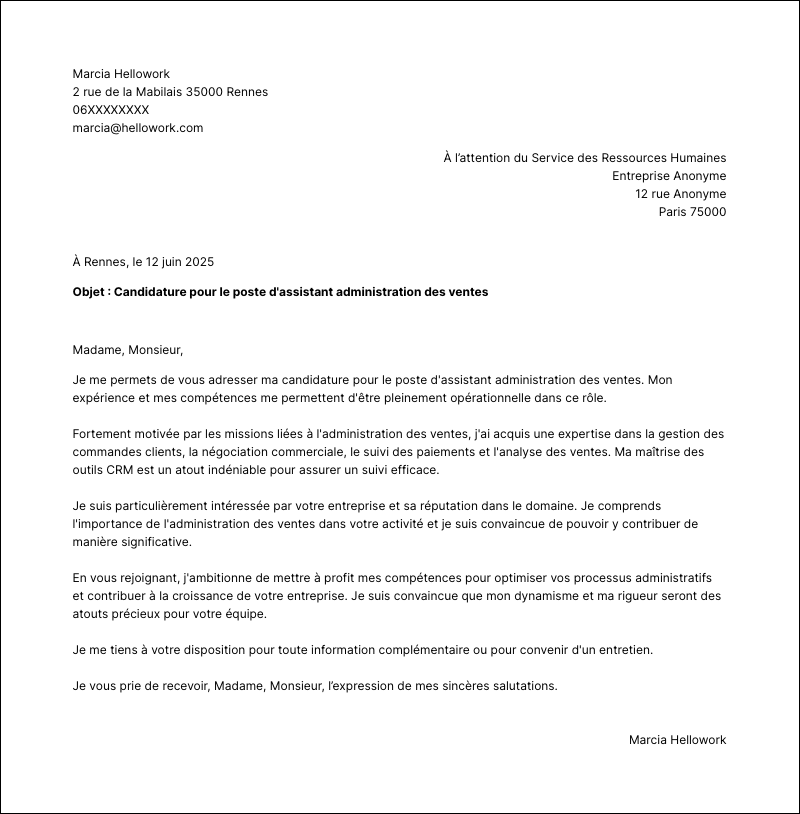 Modèle lettre de motivation Assistant administration des ventes Exemple lettre de motivation Assistant administration des ventes