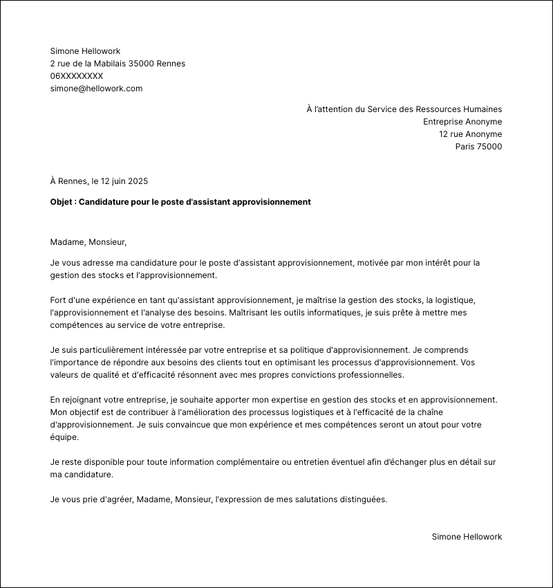 Modèle lettre de motivation Assistant approvisionnement Exemple lettre de motivation Assistant approvisionnement