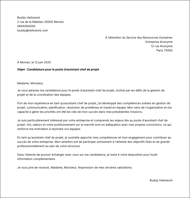 Exemple lettre de motivation Assistant chef de projet