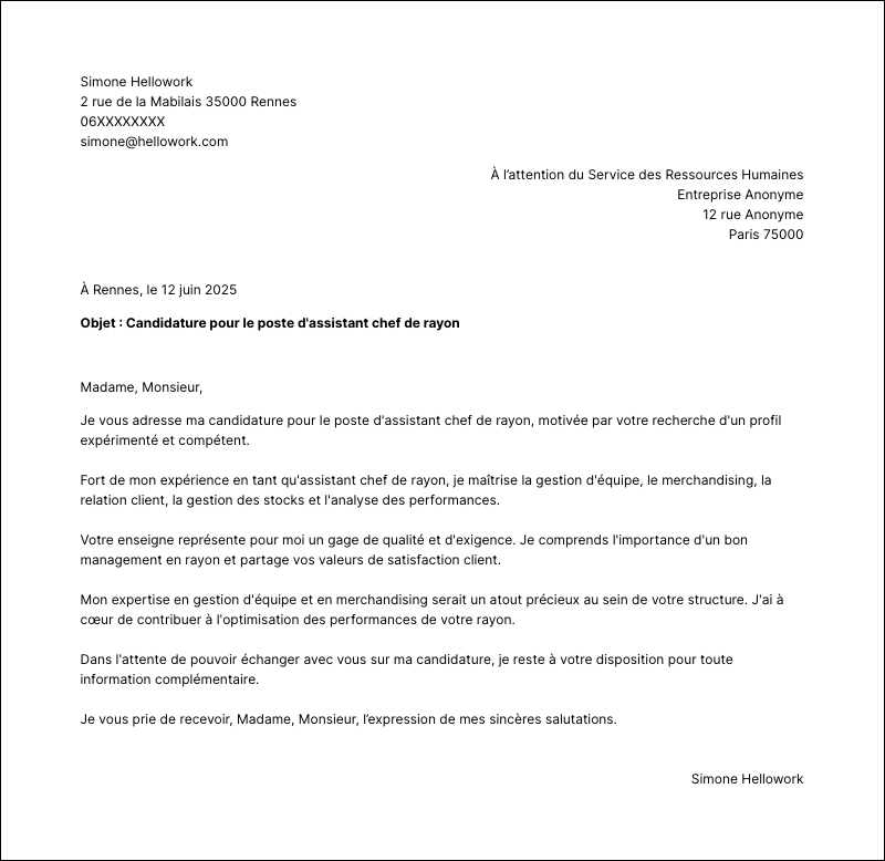 Modèle lettre de motivation Assistant chef de rayon Exemple lettre de motivation Assistant chef de rayon