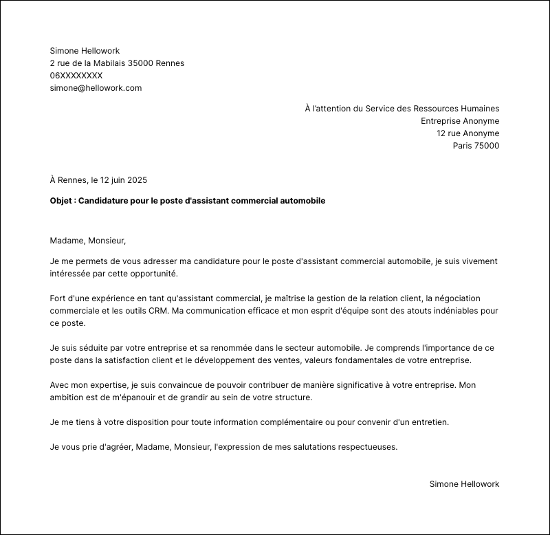 Exemple lettre de motivation Assistant commercial automobile