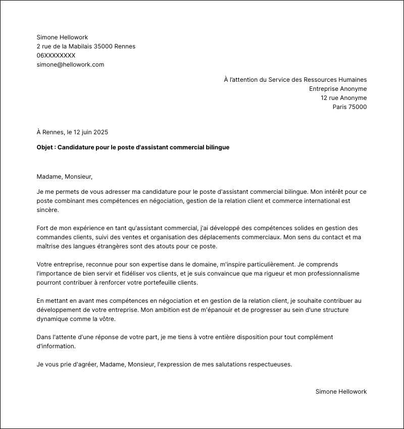 Modèle lettre de motivation Assistant commercial bilingue Exemple lettre de motivation Assistant commercial bilingue
