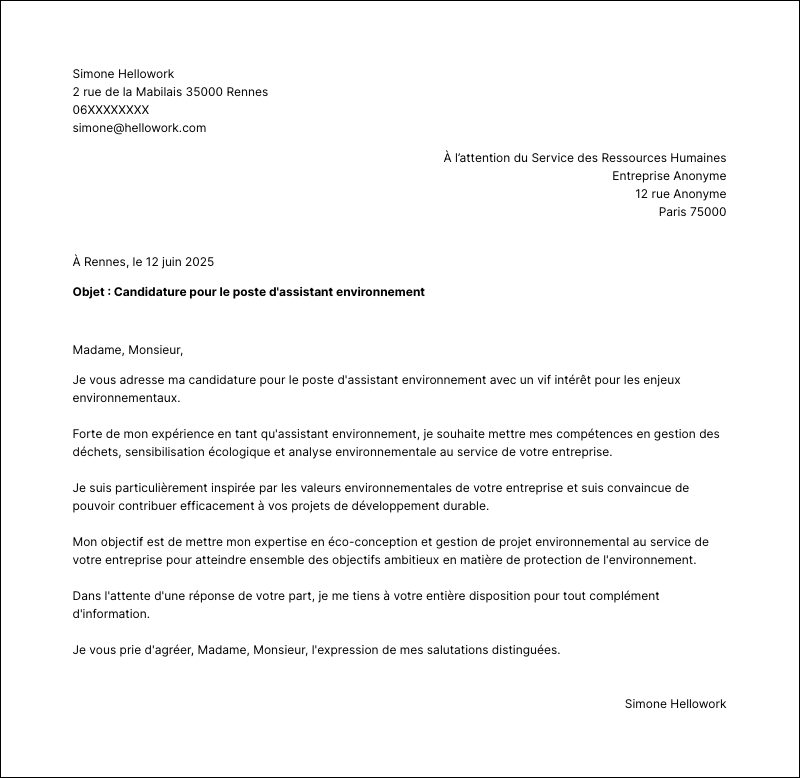 Modèle lettre de motivation Assistant environnement Exemple lettre de motivation Assistant environnement