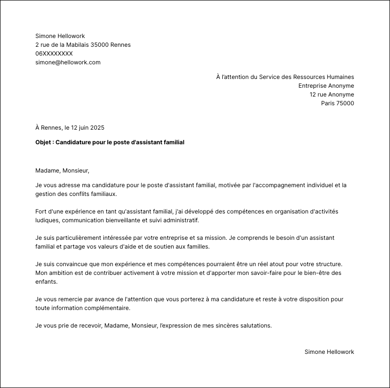 Modèle lettre de motivation Assistant familial Exemple lettre de motivation Assistant familial