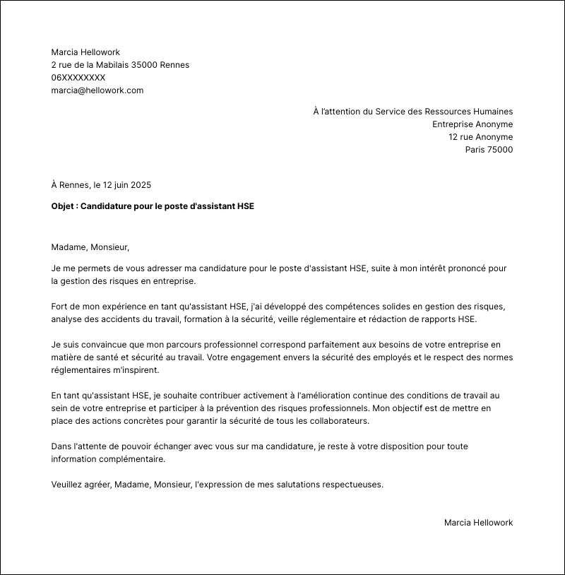 Modèle lettre de motivation Assistant HSE Exemple lettre de motivation Assistant HSE