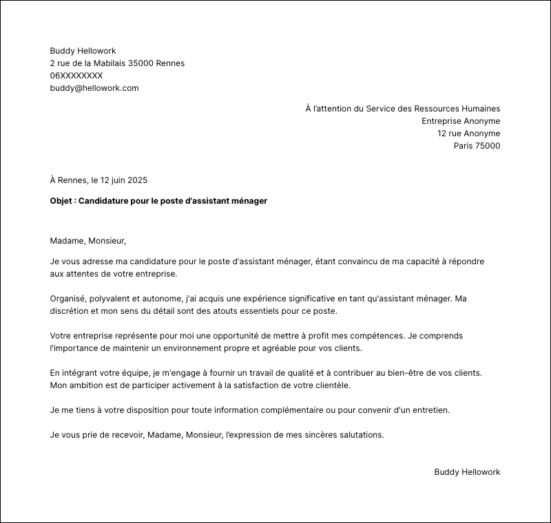 Modèle lettre de motivation Assistant ménager Exemple lettre de motivation Assistant ménager
