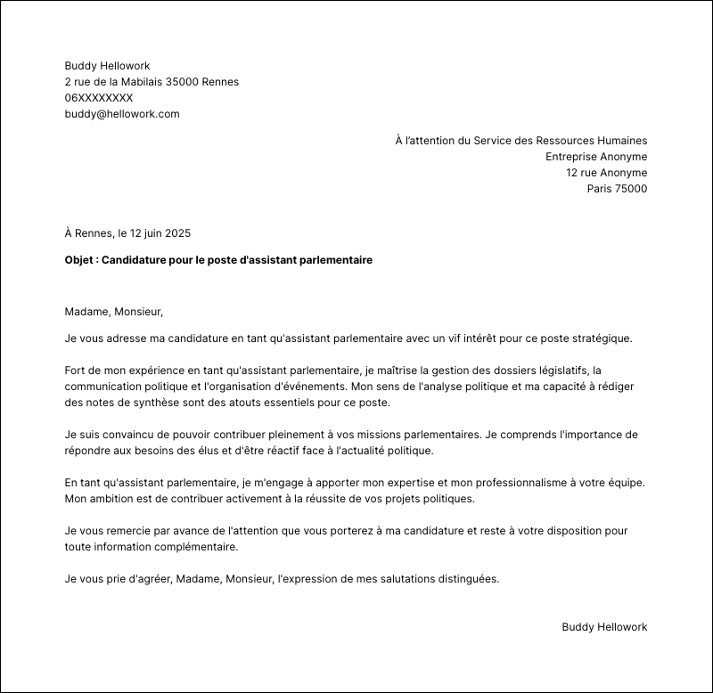 Modèle lettre de motivation Assistant parlementaire Exemple lettre de motivation Assistant parlementaire