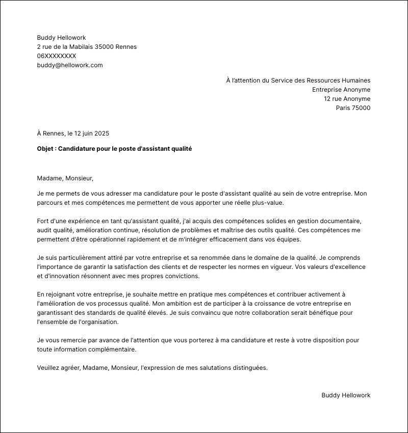 Modèle lettre de motivation Assistant qualité Exemple lettre de motivation Assistant qualité