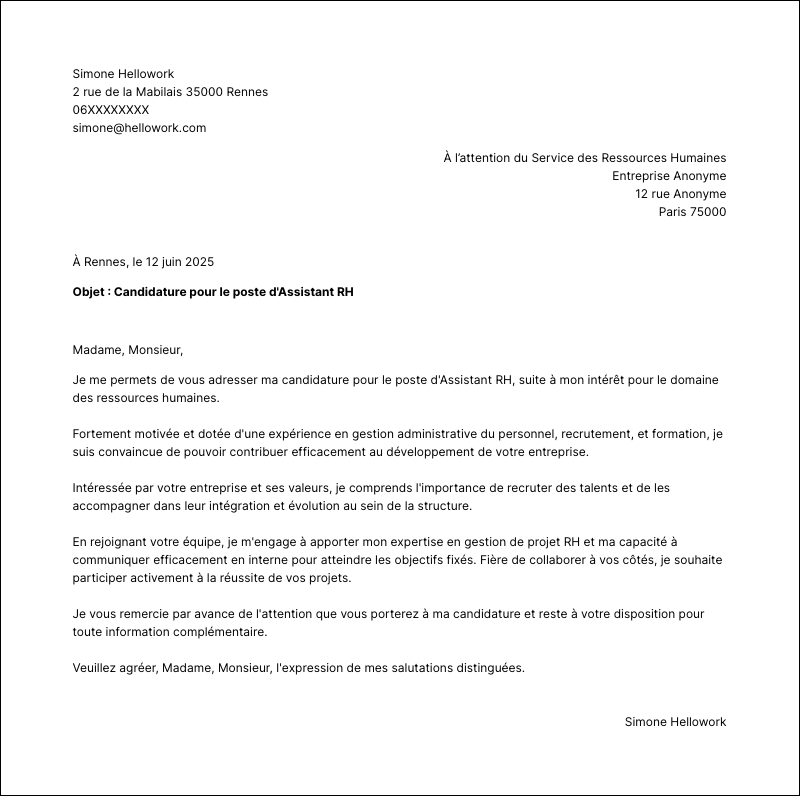 Modèle lettre de motivation Assistant RH Exemple lettre de motivation Assistant RH
