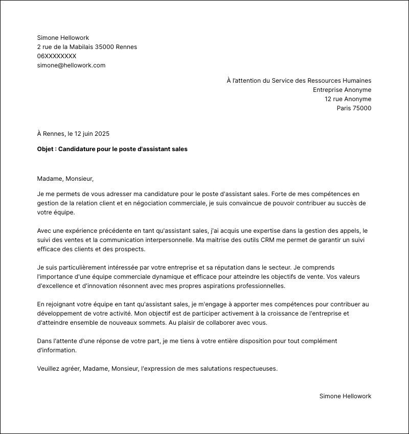 Modèle lettre de motivation Assistant sales Exemple lettre de motivation Assistant sales