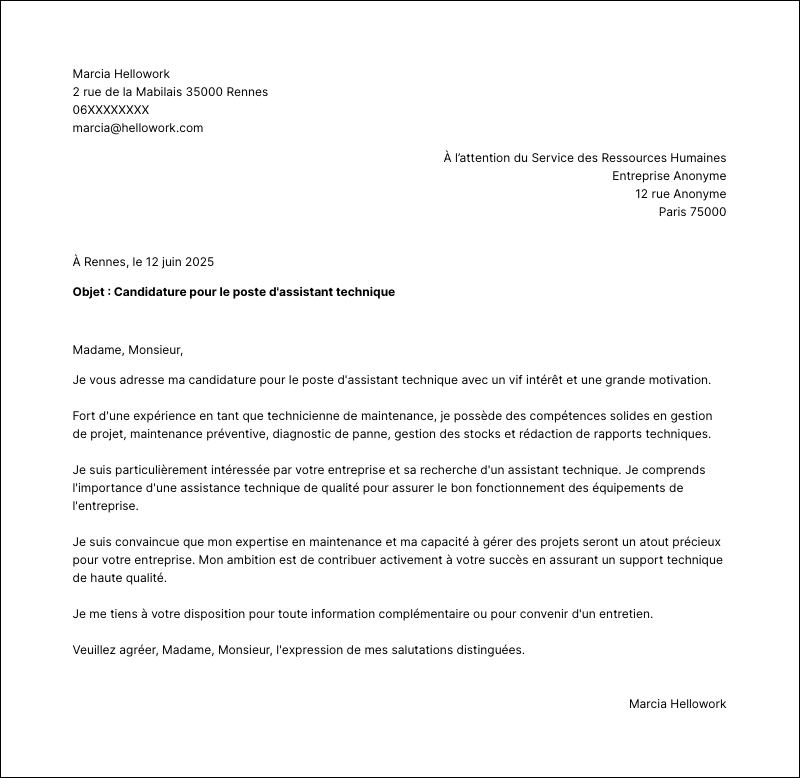 Modèle lettre de motivation Assistant technique Exemple lettre de motivation Assistant technique
