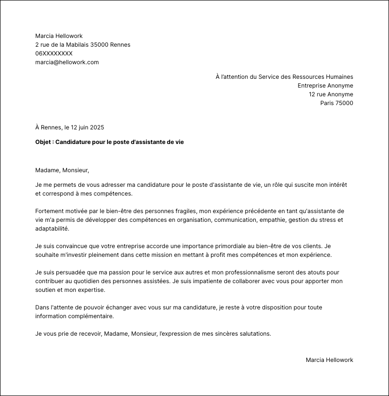 Modèle lettre de motivation Assistante de vie Exemple lettre de motivation Assistante de vie