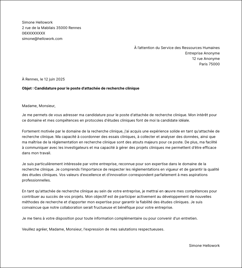 Modèle lettre de motivation Attaché de recherche clinique Exemple lettre de motivation Attaché de recherche clinique
